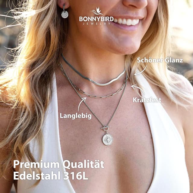 Detalle 2 de BONNYBIRD BonnyVoyage Wasserfeste Edelstahl-Gliederkette & Schlangenkette im Set für Damen (316L)