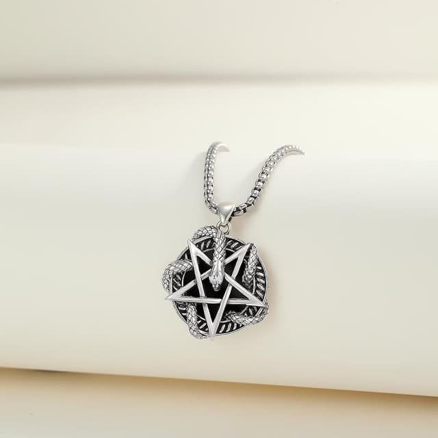 Detalle 2 de PARYFO Gothic Anhänger Halskette aus Sterling Silber 925 mit Totenkopf-/Voodoo-/Schlangen-Design, Pentagramm & Edelstahlkette