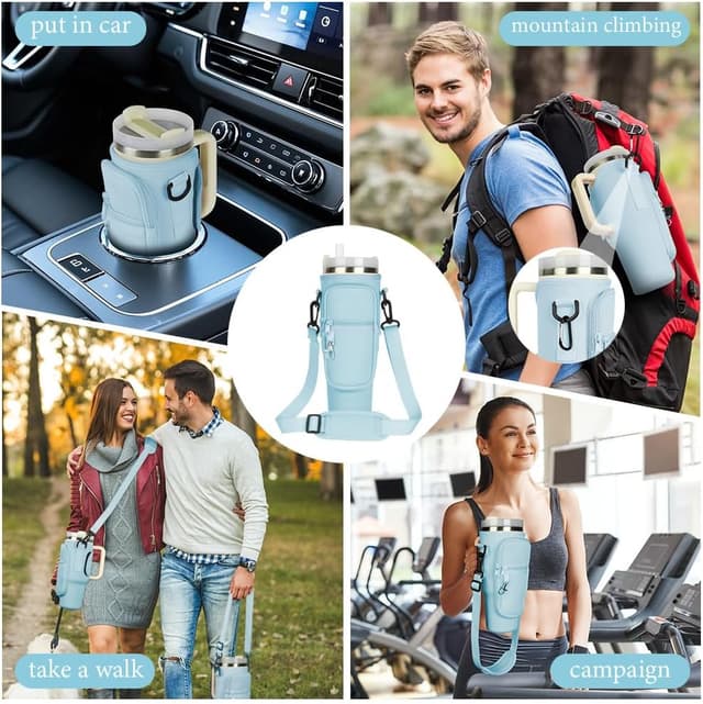 Thumbnail 6 de AYESY Water Bottle Carrier Bag for Stanley Quencher 40 oz (Blue) with Adjustable Strap & Phone Pocket