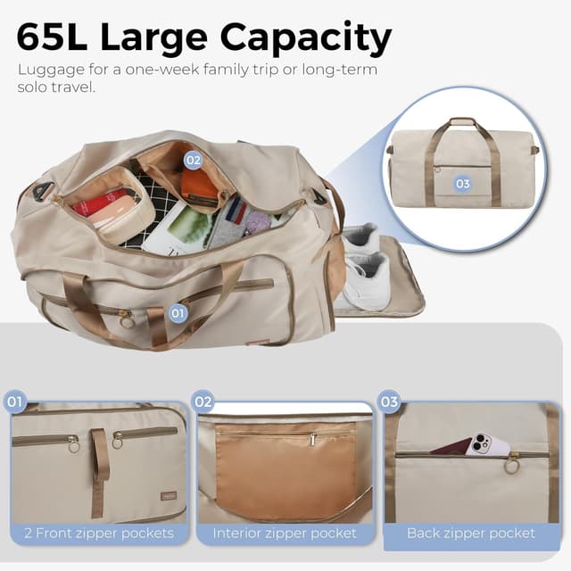 Detalle 2 de Fmeida Reisetasche Groß (65L) faltbar mit Schuhfach – Handgepäck & Sporttasche in Beige