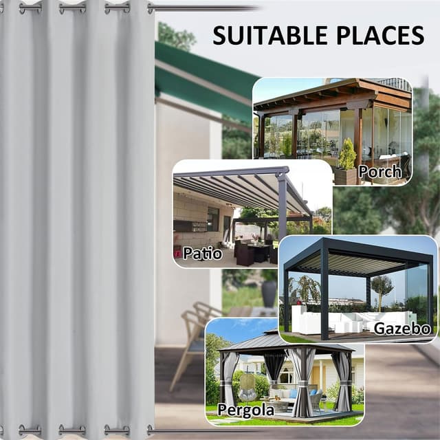Detalle 2 de LiveGo waterproof outdoor curtains with stainless steel eyelets (2 panels) for porch, pergola & pergola