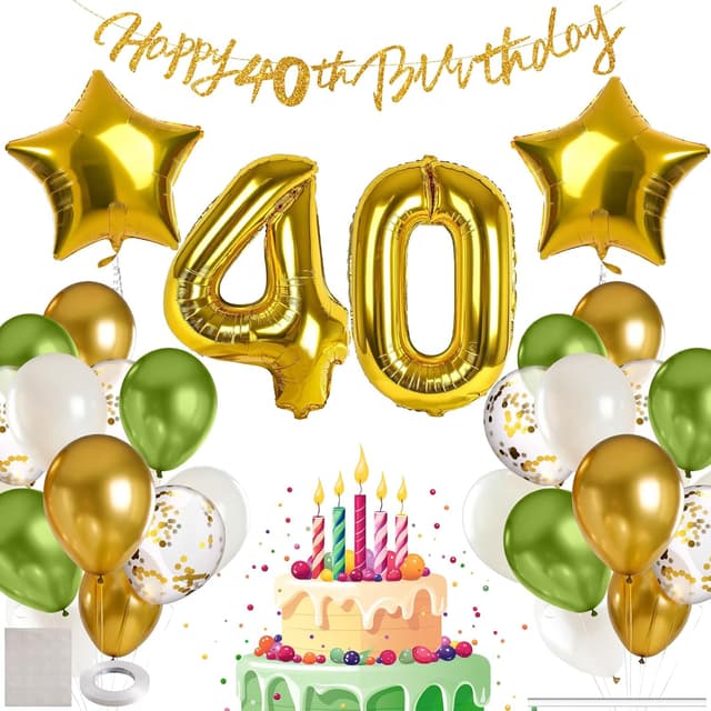 Detalle de Kit déco ballons anniversaire 40 ans MIEWAA : bannière Happy Birthday + ballon chiffre 40 + étoiles foil et ballons latex