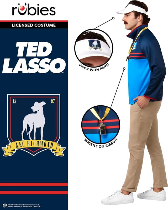 Detalle de Rubie’s Ted Lasso Kostüm-Set für Erwachsene – mit Jacke, Schnurrbart und Visier