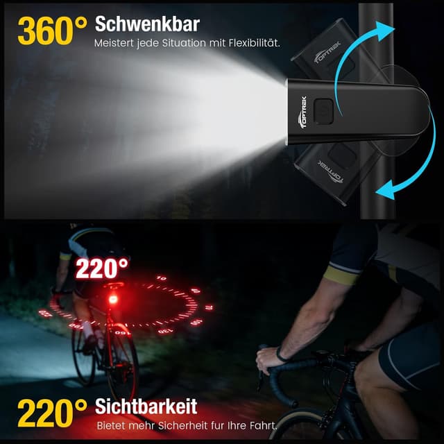 Detalle de Toptrek Fahrradlicht-Set USB aufladbar mit StVZO-Zulassung (LED, IPX5, mit wechselbarem Akku)