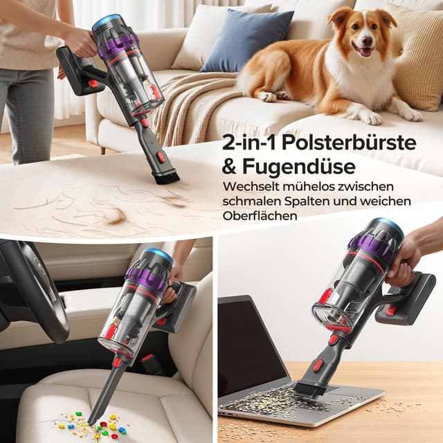 Detalle de Lubluelu G10 Akku-Staubsauger 50.000 Pa, 550 W, bis 50 Min Laufzeit – kabellos mit Display und Anti-Tangle-Bürste