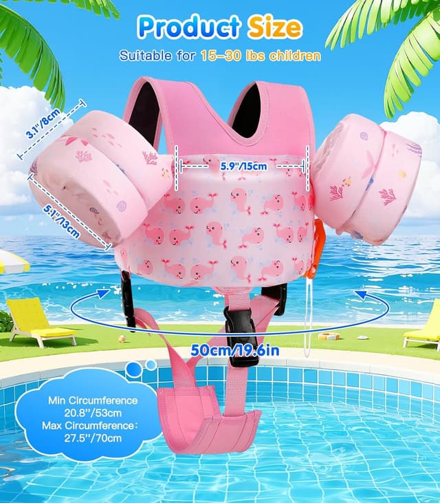 Detalle 2 de MoKo Swim Arm Floaties (15–30 lbs) Toddler Swim Vest for Kids with Crotch Strap and Whistle, Baby Pink Whale