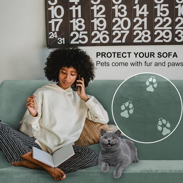 Detalle de Ystyle Copridivano in velluto per 3 posti con braccioli: copridivano universale antigraffio antiscivolo in verde chiaro