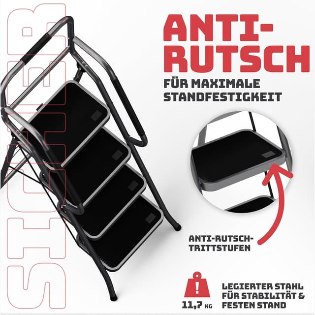 Detalle 2 de Sicherheitsleiter 4 Stufen klappbar mit Handlauf – Trittleiter TÜV Rheinland (SM1042), anthrazit, bis 150 kg