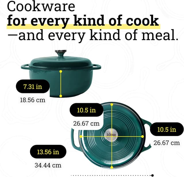 Detalle de Lodge Essential Enamel Cast Iron Dutch Oven (6 Quarts) – Moisture-Sealing Lid, Dual Handles, Lagoon
