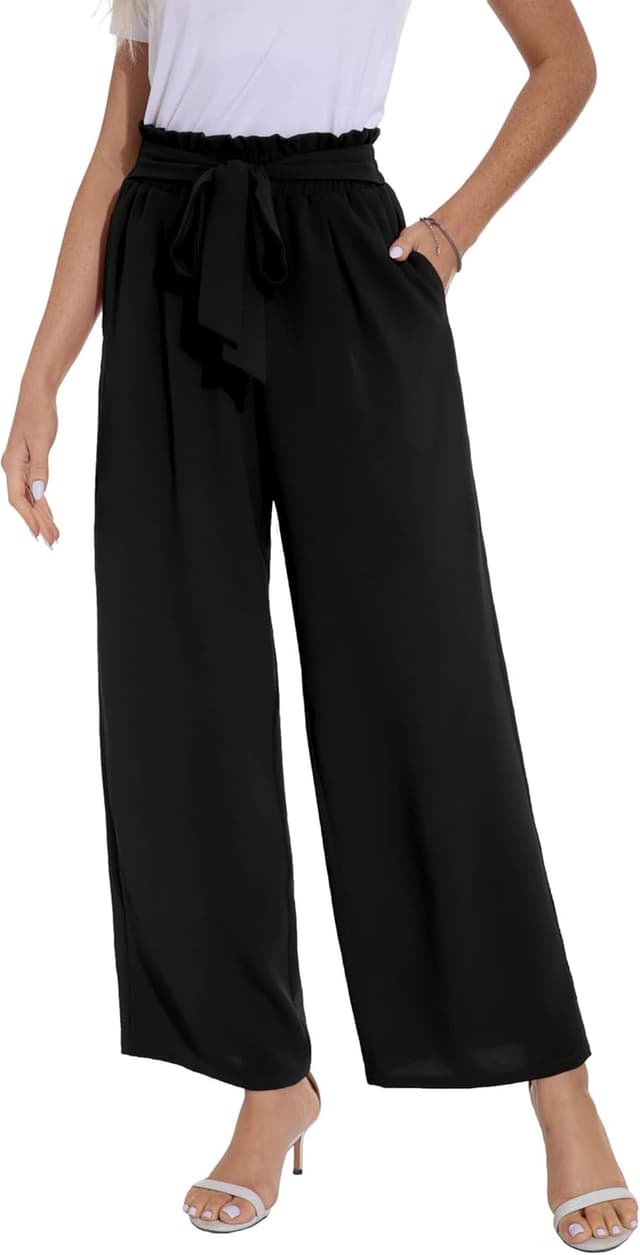 Detalle de PrinStory Damen Hose mit weitem Bein – leichte Sommerhose mit elastischem Bund und Taschen