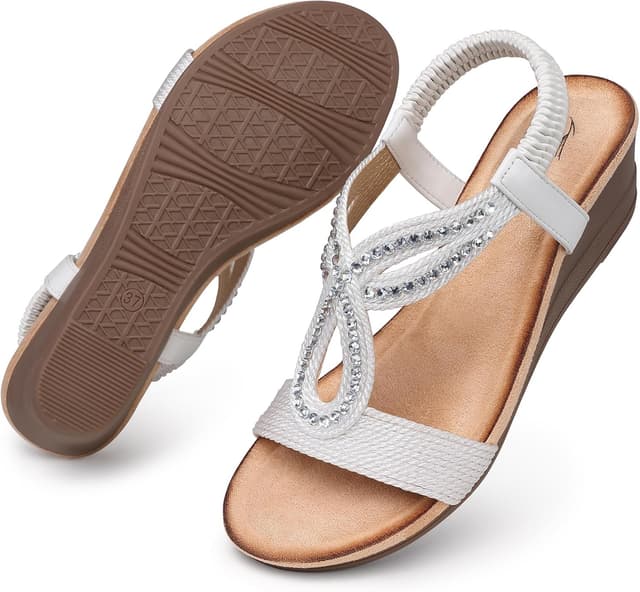 Detalle 2 de SHIBEVER White Wedge Sandals for Women (Low Wedge, Open Toe, Rhinestone & Jeweled Look)