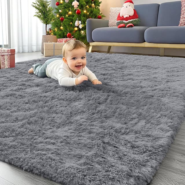 Detalle de Homaxy Fluffy Shaggy Rug (120 x 160 cm) – Large anti-slip, machine washable shaggy carpet in grey