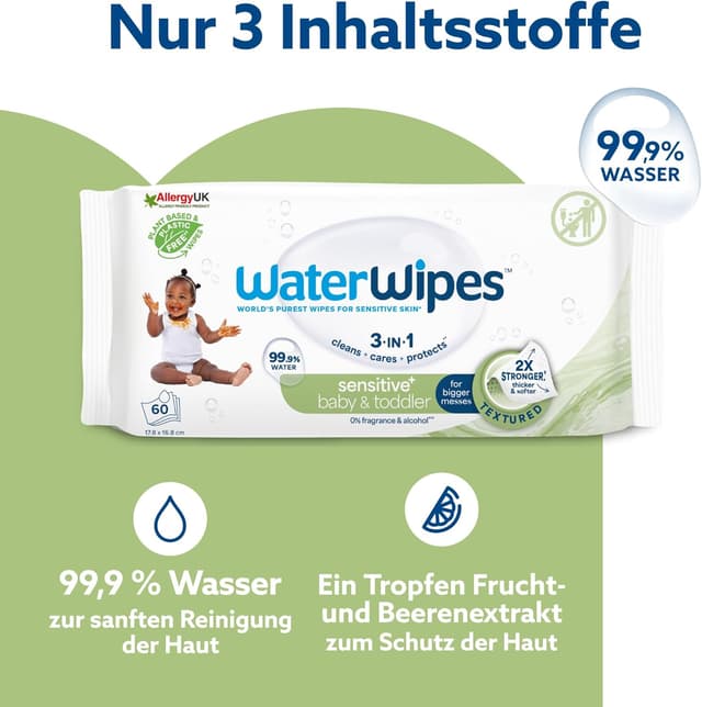 Detalle 2 de WaterWipes Sensitive+ Baby- und Kleinkind-Feuchttücher 3-in-1, parfümfrei – 12er Pack (720 Stück)