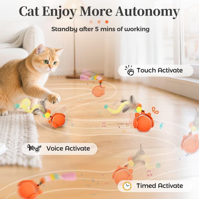 Detalle 2 de GoldenSun Automatic Interactive Cat Ball Toy (Orange) – 4 modes, chirps & LED lights, USB-C rechargeable