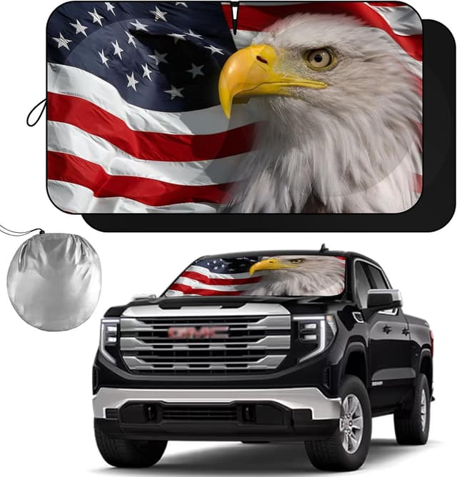 Detalle de SEPORUD Folding Windshield Sun Shade with American Eagle Flag Design (XL, Universal Fit up to 66" x 36")