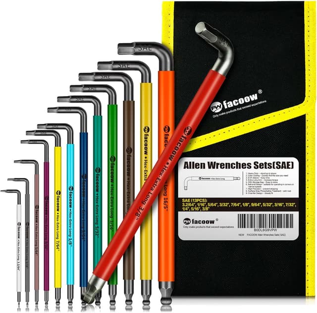 Detalle de Facoow Allen Wrenches Set (13pc) – full-size SAE hex keys with ball end, extra long arm & carry bag