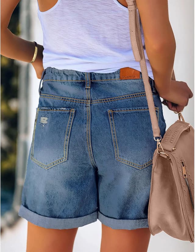 Detalle de luvamia Women’s Casual Ripped Denim Shorts – High Rise Distressed Rolled Hem