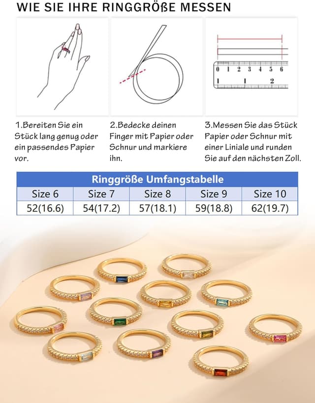Detalle de ZOERAY Damenring goldfarben wasserfest mit Geburtsstein, 18K vergoldet & Zirkonia – stapelbar, als Geschenk zum Geburtstag