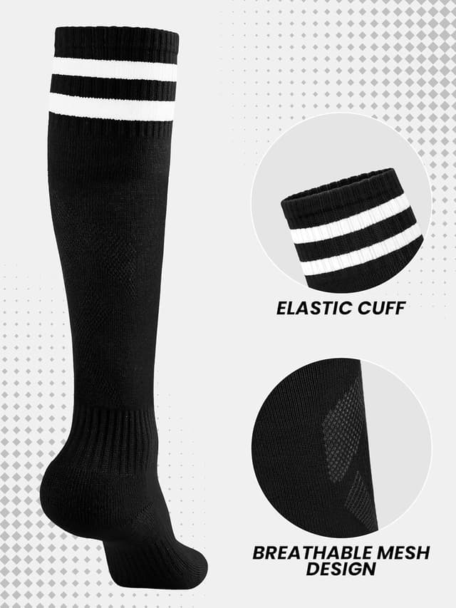 Detalle 2 de Hryrbay 4 Pairs Kids Cotton Soccer Socks (Cushioned, Striped) for Boys & Girls, Knee-High Style