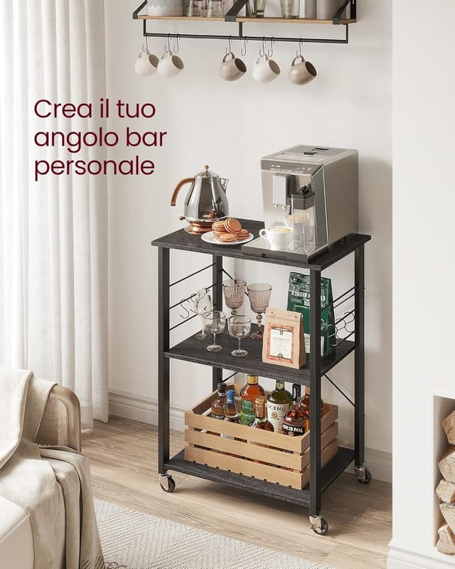 Detalle de VASAGLE Carrello da cucina su ruote con 3 ripiani e 6 ganci KKS060B42, 40 x 60 x 89 cm (nero)