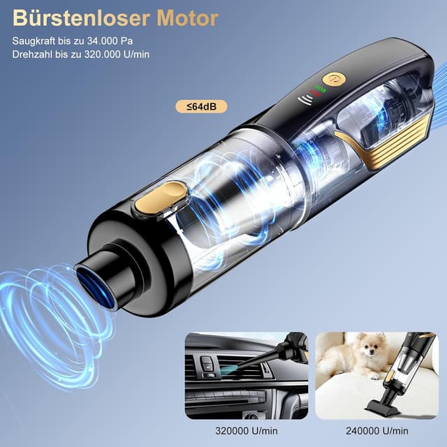 Detalle de Akku-Handstaubsauger 4-in-1 mit 27000 Pa und 5-m-Autoladegerät (12V) – kabellos fürs Auto und Zuhause