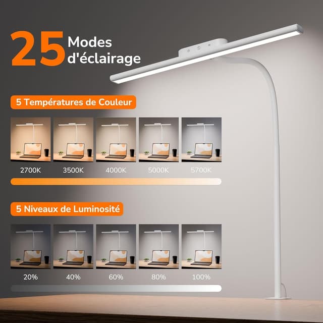 Detalle de Lepro lampe de bureau flexible à pince, 11 W, 5 modes de couleur et 5 niveaux de luminosité (blanc)