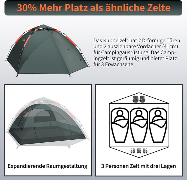 Detalle de 3-Personen Campingzelt Instant Pop Up 4,24 kg