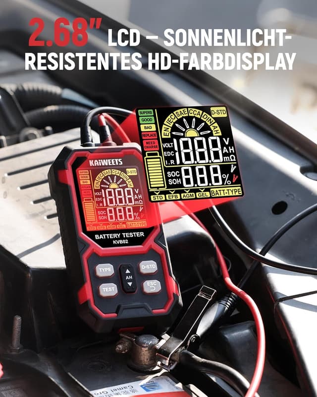 Detalle 2 de KAIWEETS Batterietester KFZ 12V/24V digital mit Kelvin-Technologie (KFZ, SUV, Motorrad)