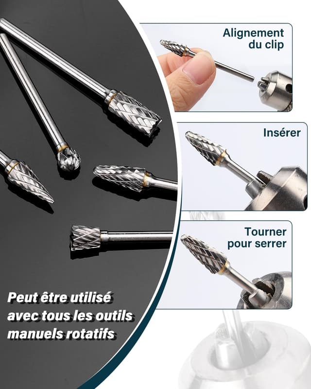 Detalle 1 de Set de 12 fraises rotatives en carbure de tungstène Lytool (double coupe) tige 1/8" pour Dremel, gravure, polissage et sculpture