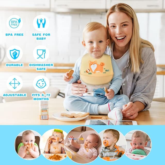 Thumbnail 6 de Vicloon Bavaglini in silicone regolabili (2 pezzi) senza BPA, con tasca raccogli-briciole e 6 misure