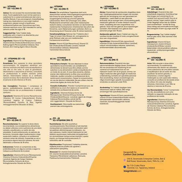 Detalle 1 de Vitamin D3 K2 2000 IE – 365 Tabletten (2-Jahres-Vorrat) von WeightWorld