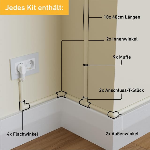 Detalle de D-Line Kabelkanal 20x10 mm, Kabelleiste Magnolien – 10× 40 cm (4 m) inkl. Zubehör