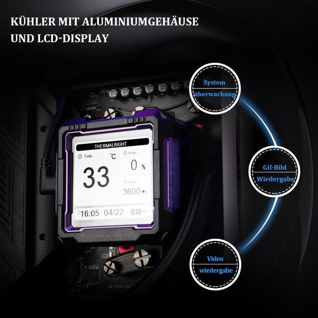 Detalle de Thermalright FW PRO 360 ARGB Schwarz-360mm AIO mit 2,73″ IPS-LCD (320×320) für AM4/AM5 & Intel LGA1700/1851