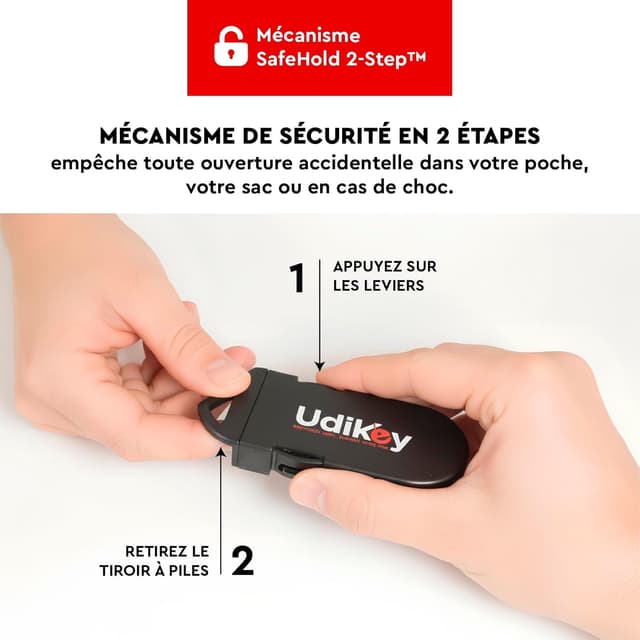 Detalle 2 de Boîte de rangement porte-clés pour piles d’appareils auditifs UdiKey (coque compacte rigide antichoc) – 6 compartiments