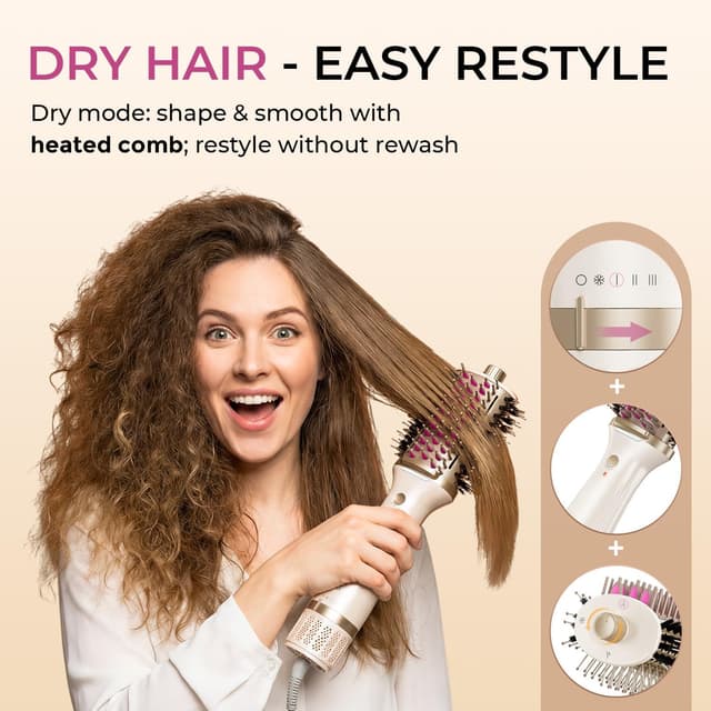 Detalle de GOMYTH Upgraded 5-in-1 Blow Dryer Brush with Heated Comb (70mm) for Wet & Dry Styling
