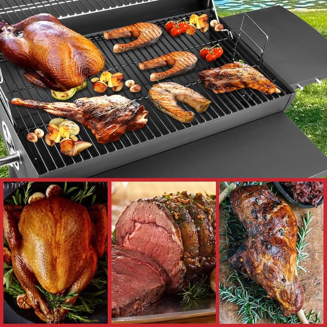 Detalle de Holzkohlegrill mit Deckel & Grillwagen: Kohlegrill mit Grillrost und Thermometer