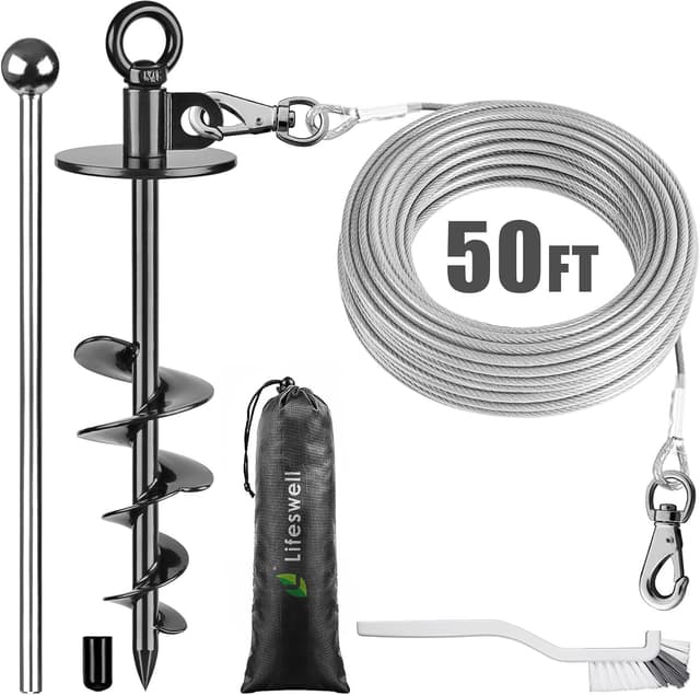Detalle de Dog Tie Out Cable and Stake – 50ft chew-proof stainless steel dog runner with 15" heavy duty anchor