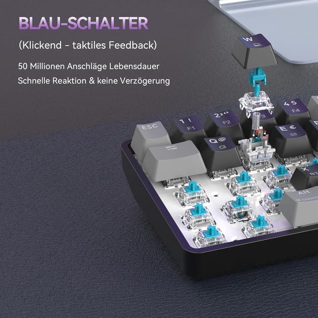 Detalle de TMKB T68 Gaming-Tastatur (68 Tasten, kabellos) mit Bluetooth/2.4G/Typ-C und Anti-Ghosting – QWERTZ, blau