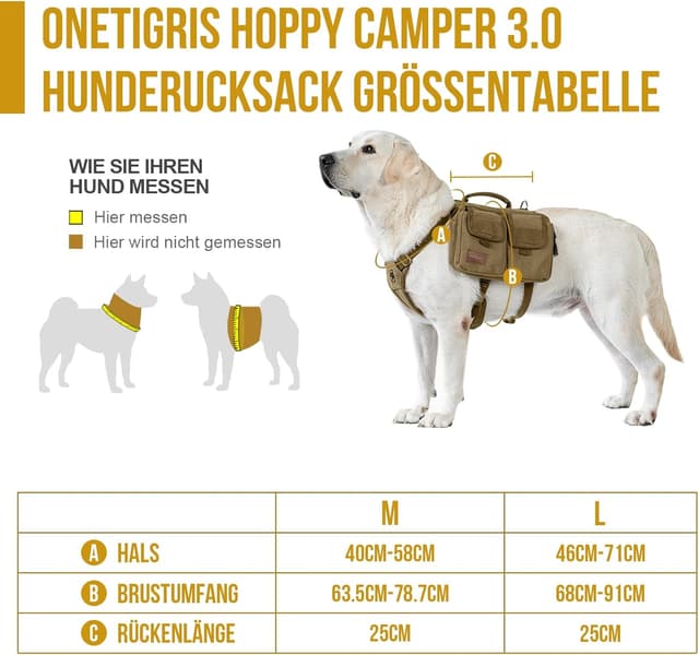 Detalle 2 de OneTigris Hoppy Camper 3.0 Hundegeschirr mit Tasche für Camping & Wandern (Retro-Look, braun, L)