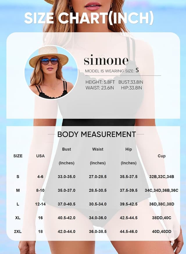 Detalle 2 de Aleumdr Women’s Tankini 2-Piece Tummy Control Swimsuit Set with Scallop Trim