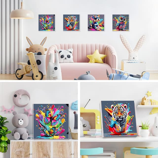 Detalle de WEMEON 4 Pack Paint by Numbers for Children (Framed) – 8x8 Inch Kids Painting Kits Ages 4–8–12