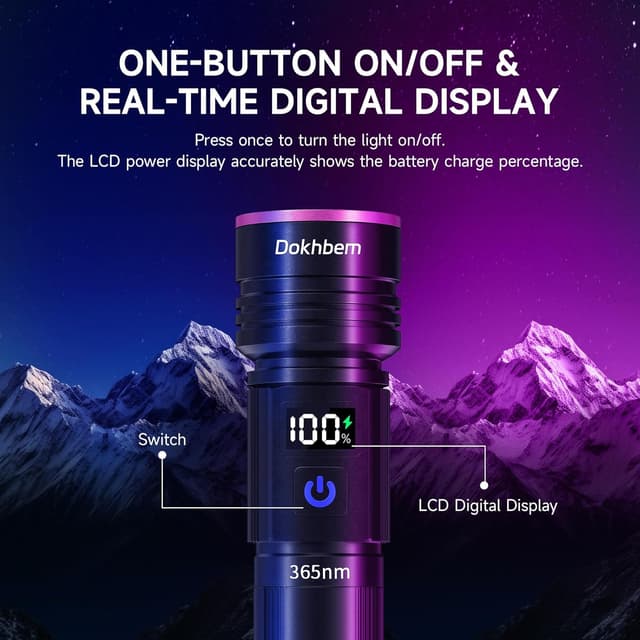 Detalle de Dokhbem 365nm Rechargeable UV Flashlight with LCD Display for Pet Urine Detection & Resin Curing (Black Light, Black)