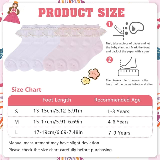 Detalle 2 de QKURT 6 Pairs Baby Girls Frilly Ankle Socks (Cotton Lace Ruffle) for Dance & Everyday Wear