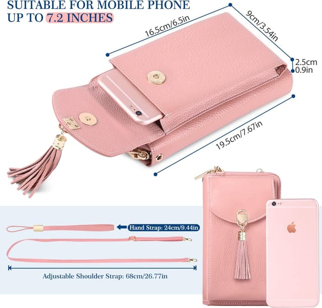 Detalle de BTNEEU Sac téléphone portable femme portefeuille RFID avec blocage, cuir, bandoulière (rose)