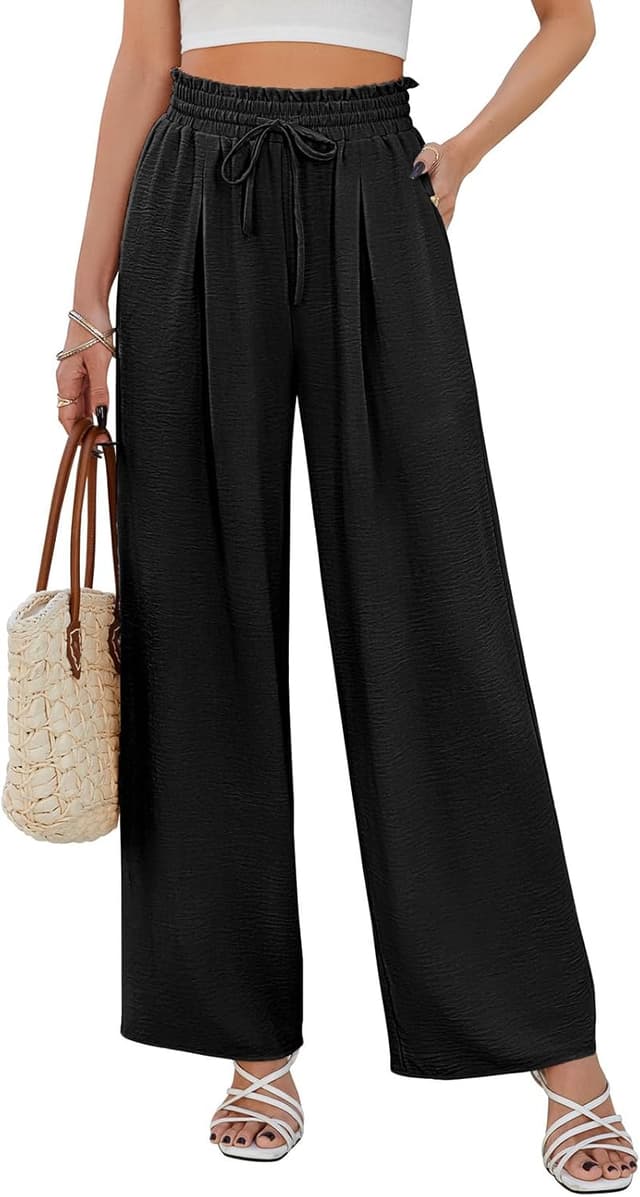 Detalle de Pantalon femme CMTOP fluide à jambes larges, taille haute élastique avec cordon de serrage et poches