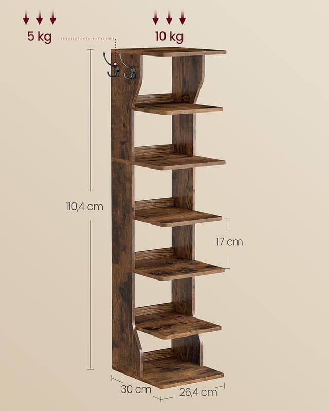 Detalle de VASAGLE LBS200KD01 scarpiera stretta a 7 livelli con ganci laterali, per corridoio e ingresso