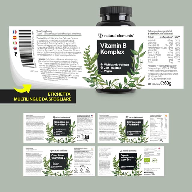 Detalle de Complesso Vitaminico B con 8 vitamine B essenziali e cofattori, 240 compresse vegane (Natural Elements)