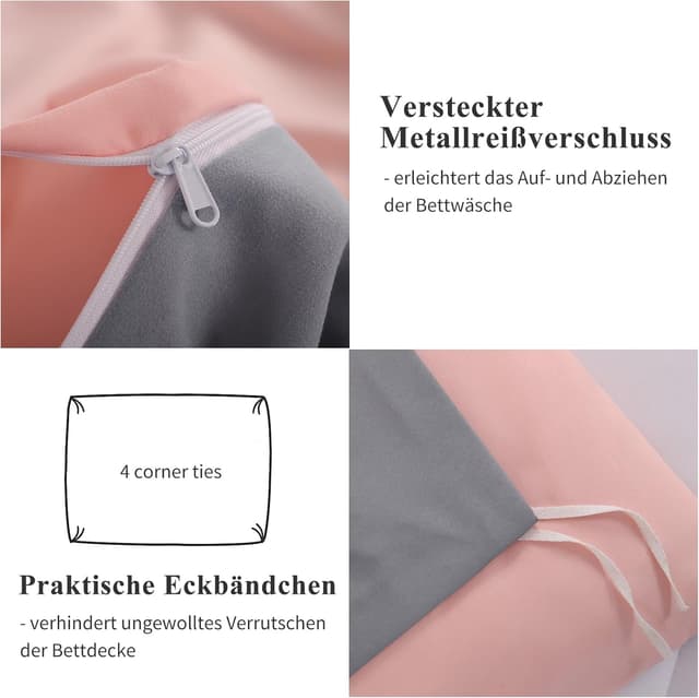 Detalle de Aisbo Bettwäsche 135x200 4-teilig Rosa/Grau (Wendebettwäsche mit Mikrofaser) – 2 Bettbezüge + 2 Kissenbezüge
