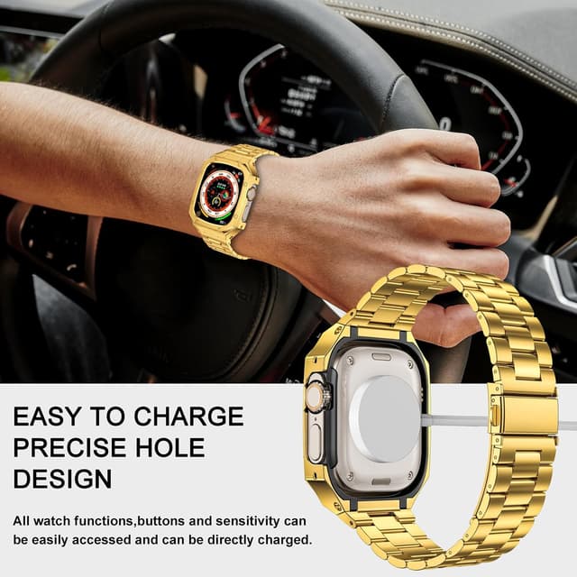 Detalle de BAITEYOU Stainless Steel Watch Band with Case for Apple Watch Ultra 1/2/3 (49mm) – Rugged Metal Bumper Strap (Gold)