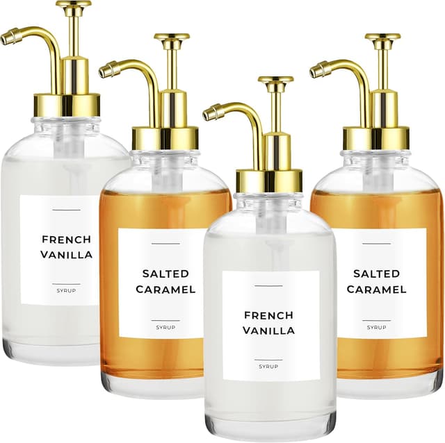 Detalle de Spaceneat Coffee Syrup Dispenser with Pump (Glass) – 500 ml bottles, gold set with labels